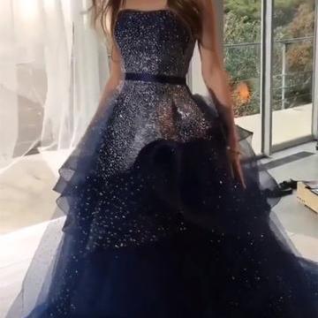 Fully Beading Strapless Navy Blue Ball Gown Prom Dresses 2018 on Luulla