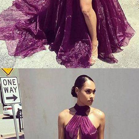 Elegant A-line Keyhole Neckline Halter Long Beading Prom Dresses