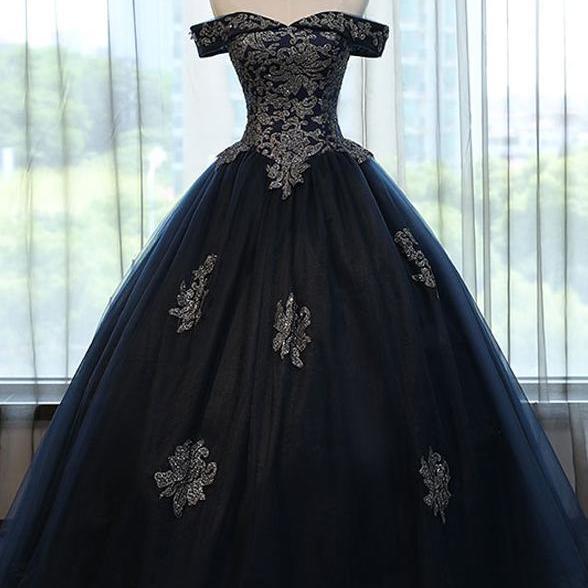 Navy Blue Off The Shoulder Lace Appliques Ball Gown Prom Dresses ...