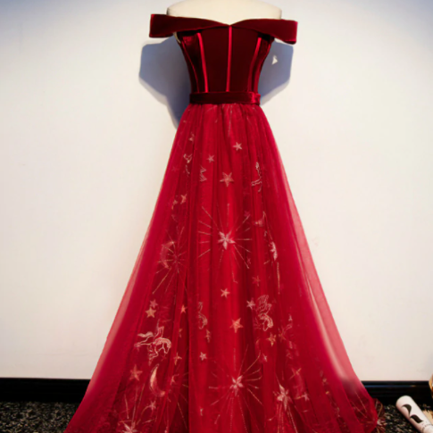 Burgundy Tulle Velvet Off the Shoulder Prom Dress,PL1003