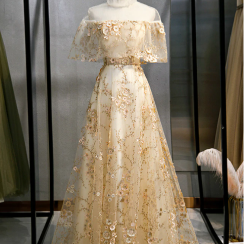 A Line Light Champagne Tulle Appliques Prom Dress LBQ4099 main image 1