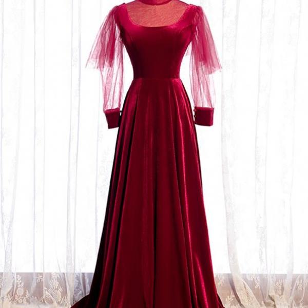 Burgundy Velvet Long Sleeve High Neck Backless Prom Dress,pl1179 on Luulla