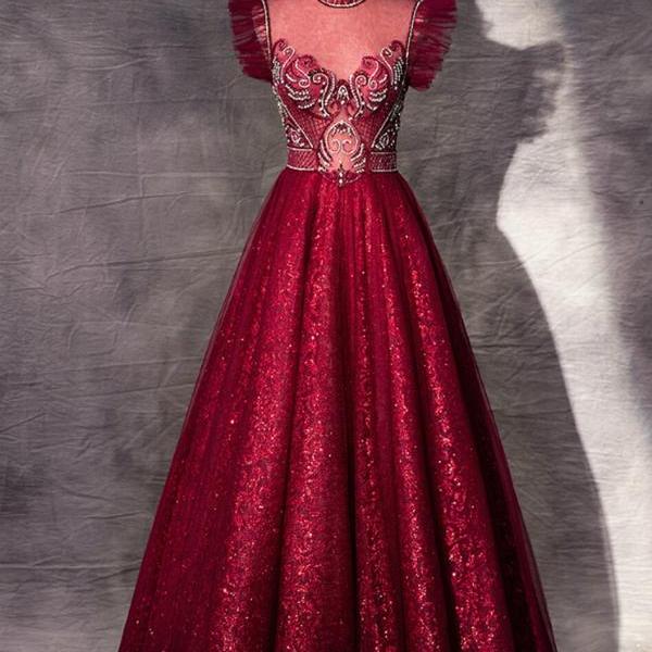 Sequins Applique Translucent Top Ruched Prom Dress Burgundy