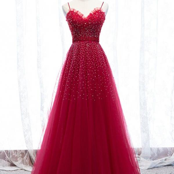 Long Tulle Dress with Beaded Straps Burgundy