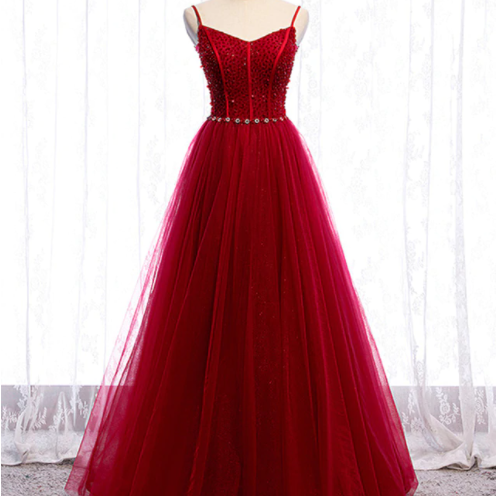 Spaghetti Straps Beaded Corset Floor-length Dress Burgundy main image 1