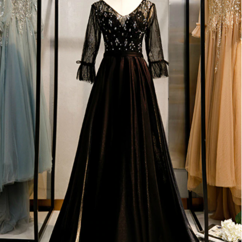 A-Line Black V-neck 3/4 Sleeve Crystal Prom Dress,PL1361
