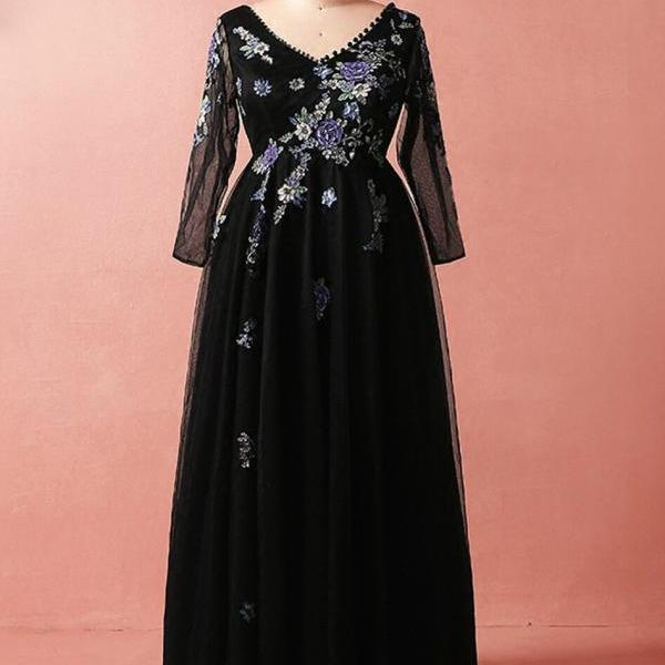 Plus Size Black Tulle Embroidery Long Sleeve V-neck Prom Dress,PL1450