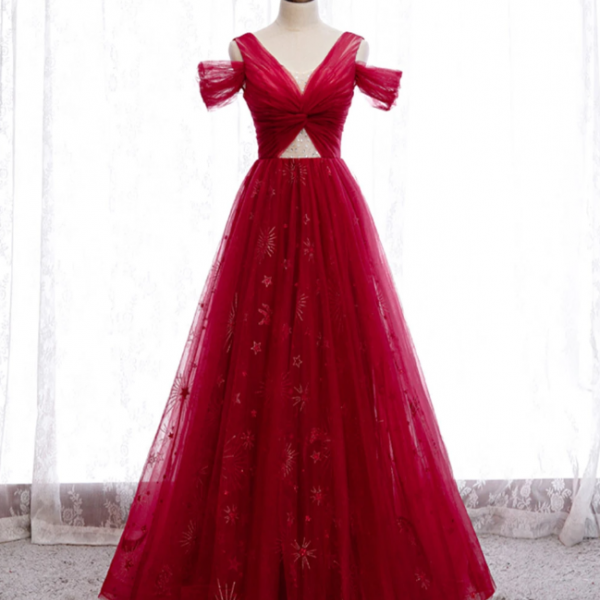 Burgundy V Neck Tulle Lace Long Prom Evening Dress GJS679