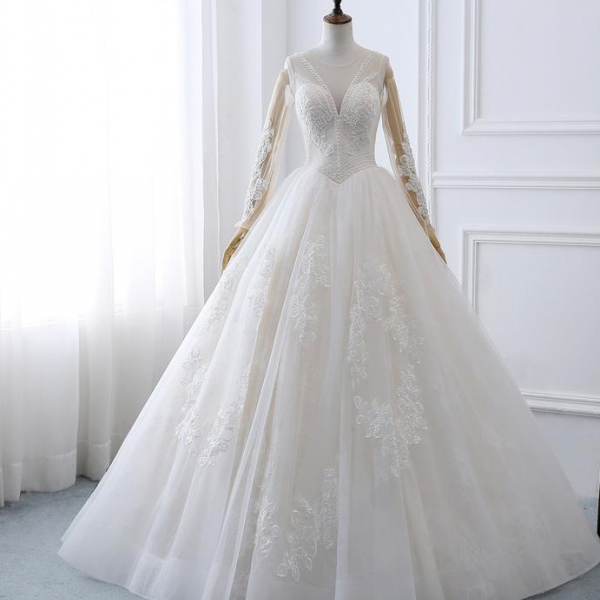 Wedding Dress Lace Embroidery Bridal Gown Floral V-neck Beaded Wedding ...