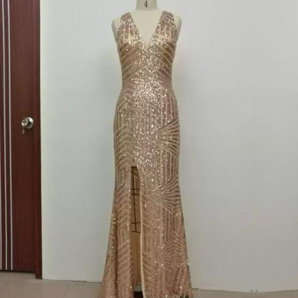 Sparkly Elegant Mermaid V Neck Gold Sequins Prom Dress with Beading VK073178