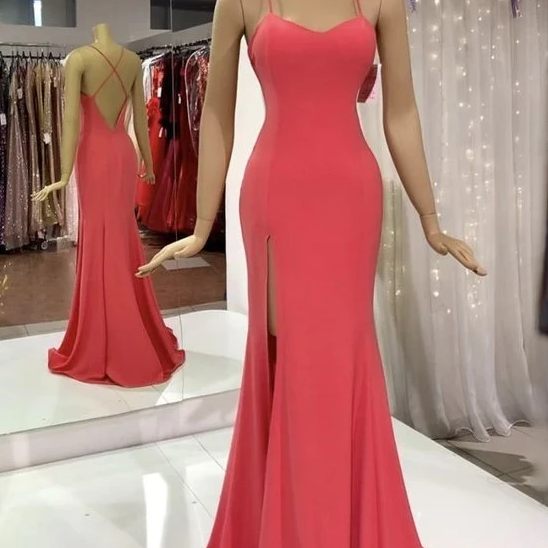 Spaghetti Straps Red Long Prom Dress Mermaid Slit Evening Dress,pl3199 ...