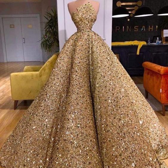 Gold A line sequins long ball gown dress formal dress s78