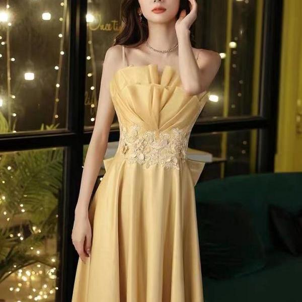 Yellow Spaghetti Straps V Neck Satin Long Party Dress Wedding Guest Dress, DP4489 main image 1