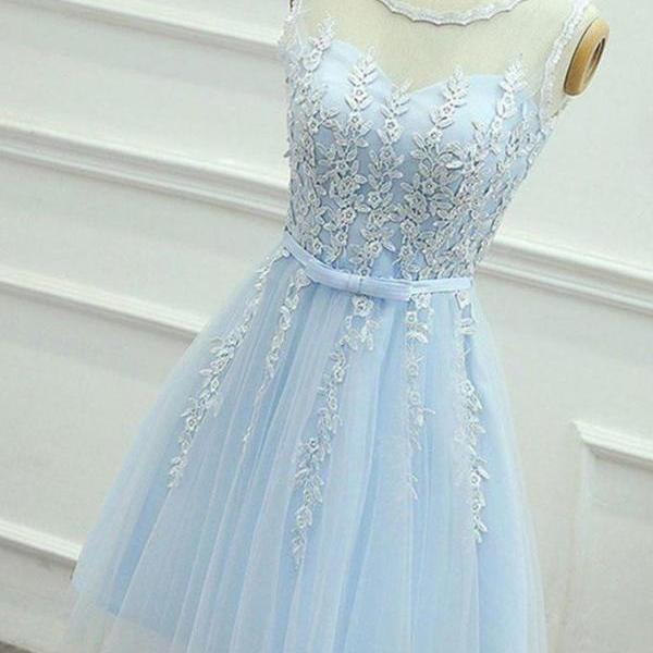 Lace Up Blue A Line Short Sleeve Vintage Prom Dress