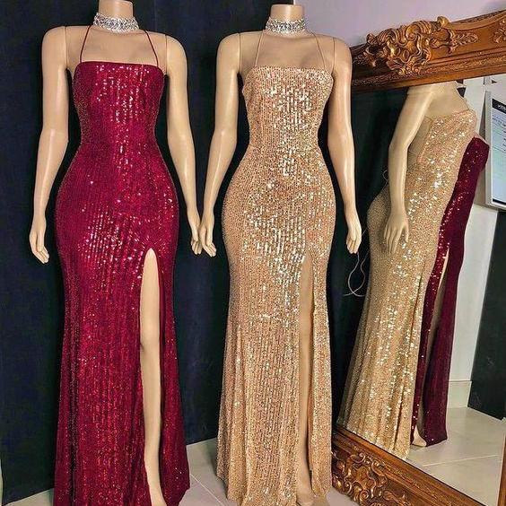 Sexy Spaghetti Straps Burgundy Sequins Sheath Long Party Dress, DP3734 main image 1