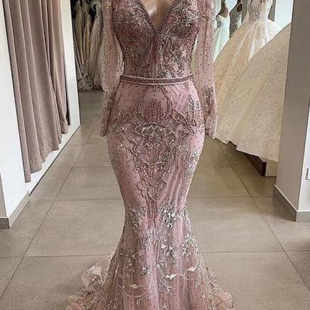 Floor Length Long Sheer Sleeves V Neck Prom Dress with Lace Appliques UQ2456 main image 1