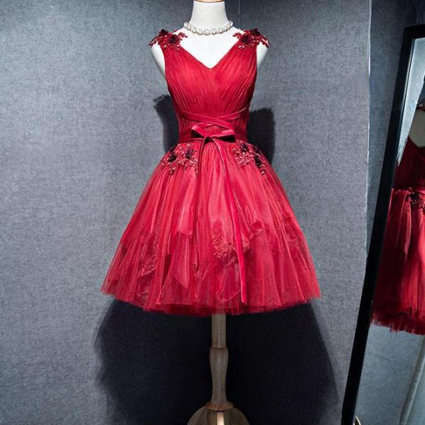 Burgundy V-neck Sleeveless Mid length Tulle Prom Dress Homecoming Dress main image 0