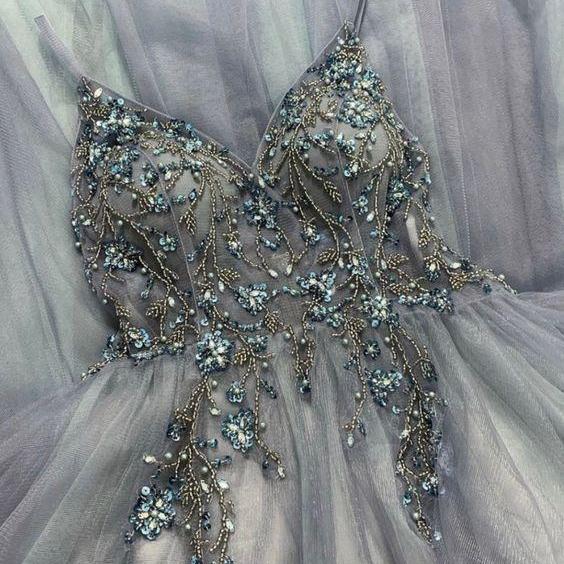 Steel Blue Prom Dress Embroidery Beaded,pl4860 on Luulla