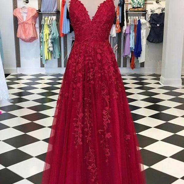 A-Line/Elegant Tulle Applique Sleeveless V-neck Floor-Length Two Piece Prom Dresses main image 1