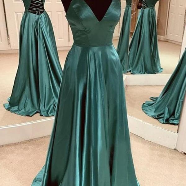 A Line V Neck Open Back Emerald Green Satin Long Prom Dress, Backless ...