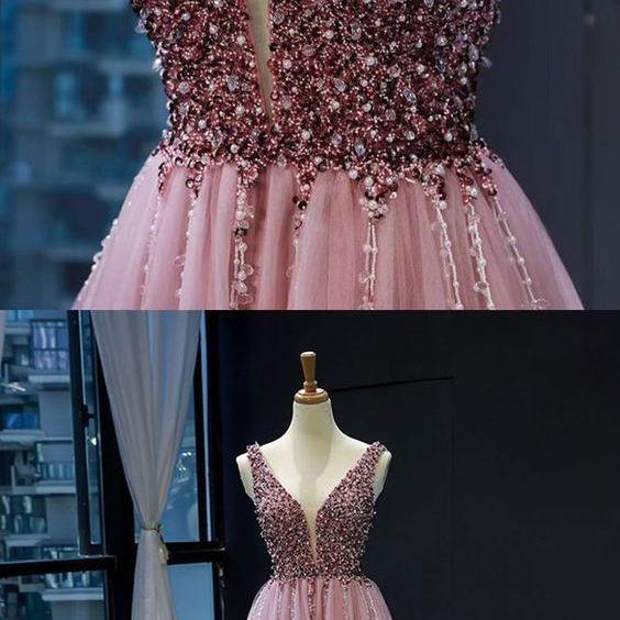 A Line Pink V Neck Tulle Sequin Beads Long Prom Dress LBQ3726 main image 1