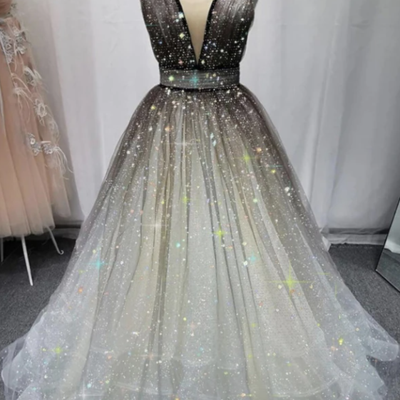A Line V Neck Tulle Black Pleats Prom Dress LBQ2811 main image 1