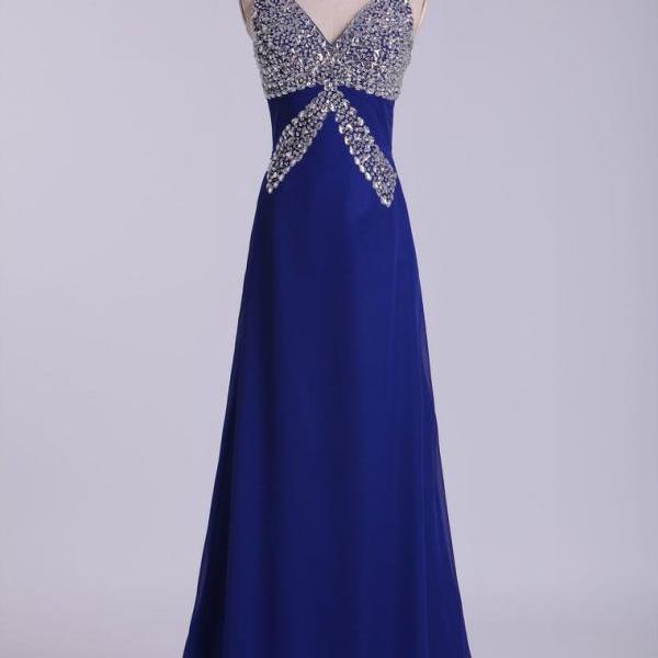 A Line Halter Open Back Blue Chiffon Prom Dress with Beadings LBQ0243