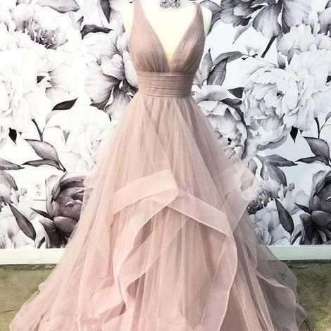 Gray Tulle Court Train Formal Long Prom Dress With Flowers.DS3040