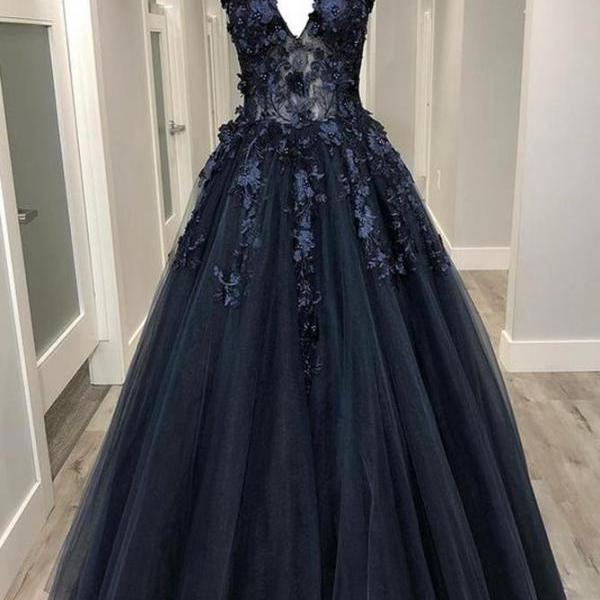 V-neck Tulle Long Prom Dresses with Appliques and Beading,Evening Dresses