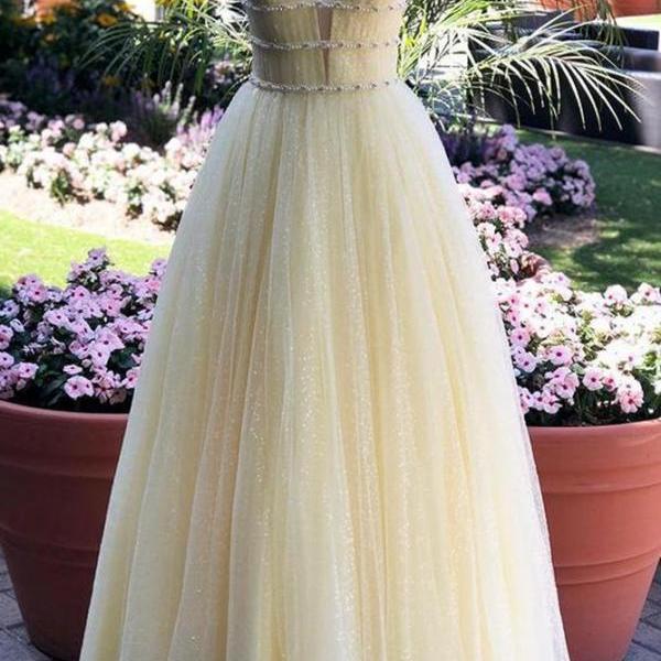 Yellow Sparkly Prom Dresses Long with Beading