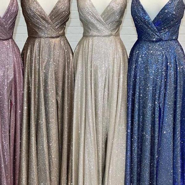 V-neck Sparkly Long Prom Dresses