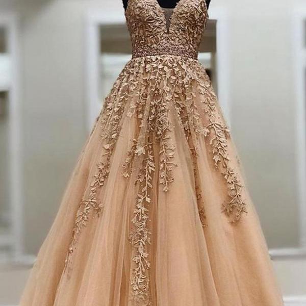 V-neck Long Prom Dress with Appliques and Beading