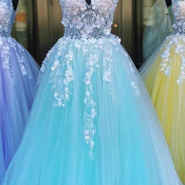 Sexy V-neck Prom Dress Long with Appliques and Beading