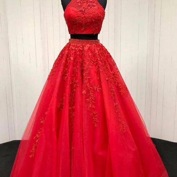 High Neck Two Pieces Prom Dress Long with Appliques and Beading