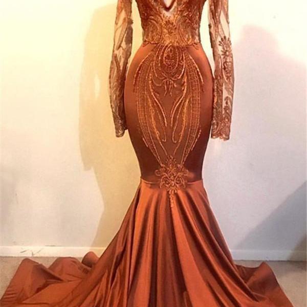 Long Sleeves V-Neck Prom Dress Mermaid Long Evening Gown.PL5327