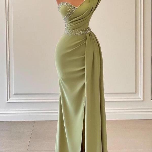 Modern One Shoulder Sage Mermaid Prom Dress Long Ruffles With Beads,PL5333