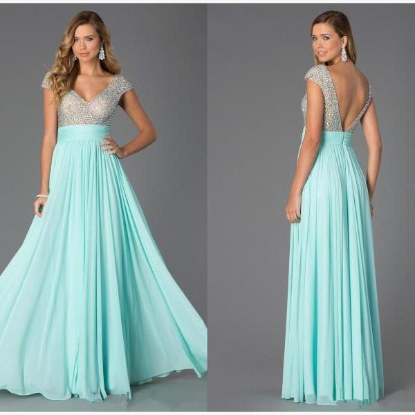 Short Sleeves Prom Dress,Beaded Occasion Party Dress,V-back Chiffon ...