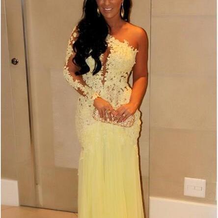 Yellow Prom Dresses 2015 One Shoulder Full Sleeve Sheer Back Sweep ...