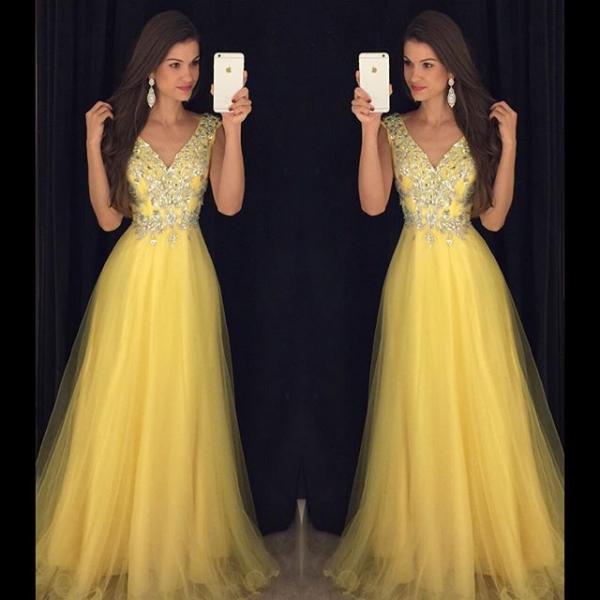 Prom Dress,modest Prom Dress,deep V Neck Long Yellow Prom Dresses 2017
