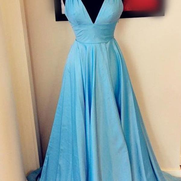 Light Blue Satins V-neck A-line Long Prom Dresses,evening Dresses on Luulla