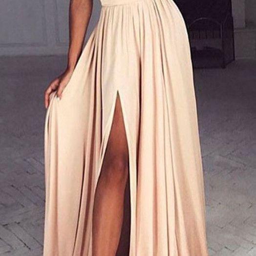 A Line Spaghetti Straps Sweep Train Split Side Champagne Chiffon Prom