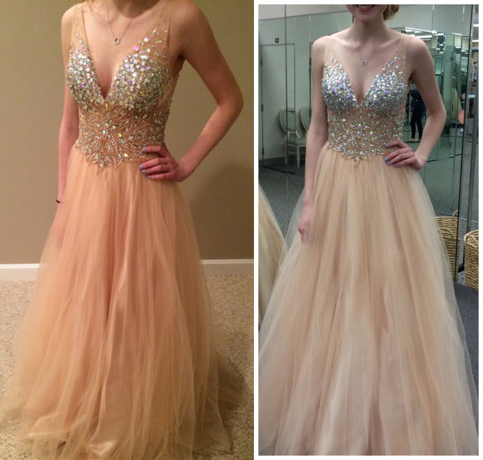 Charming V-neck A-line Tulle Long Prom Dresses PG1190 main image 1