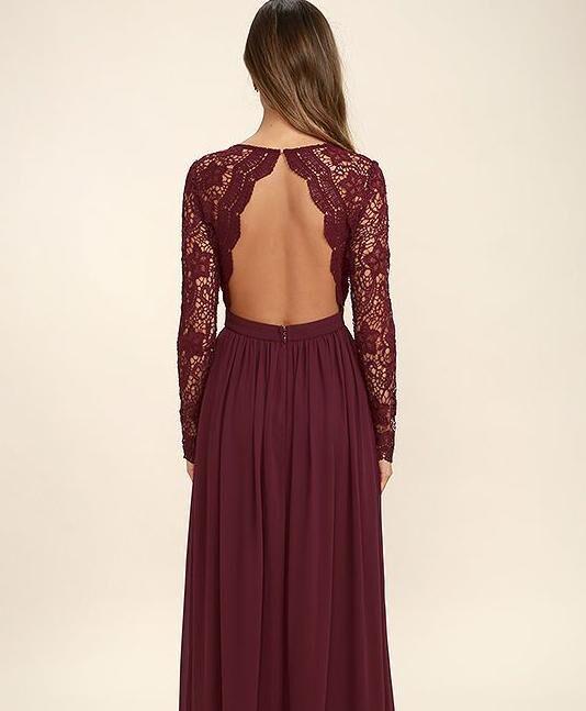 Elegant Burgundy A Line V Neck Long Sleeves Lace Chiffon Prom Dress On Luulla 