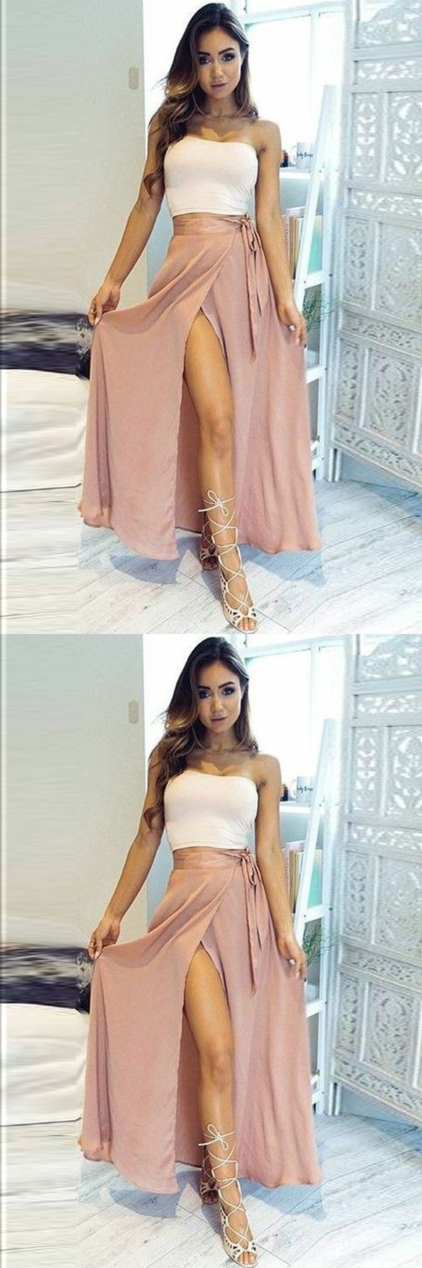 Two Piece Strapless Ankle-Length High Split Pink Chiffon Prom Dress on ...