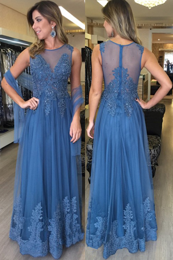 A-line Crew Floor-length Sleeveless Tulle Prom Dresses with Crystal Beads main image 1