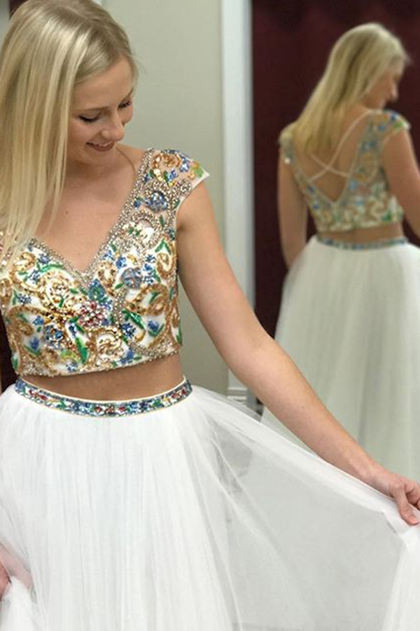 Two Piece A-Line Deep V-Neck Green Satin Prom Dresses with Pockets, QB0243 main image 0