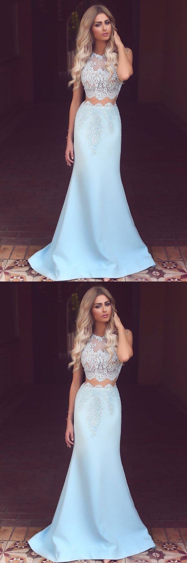 Trumpet Mermaid Beading Light Blue Satin Jewel Prom Dress