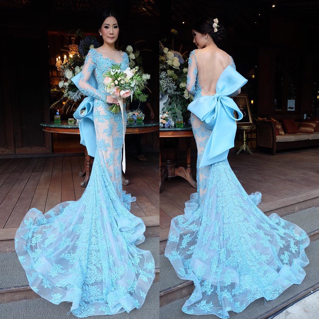 Long Lace With Beaded Mermaid Dresses Sky Blue