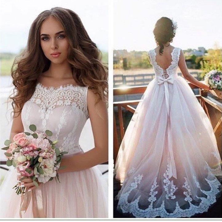 A-line Nude Tulle With Ivory Lace Appliqued Illusion Neck Wedding ...