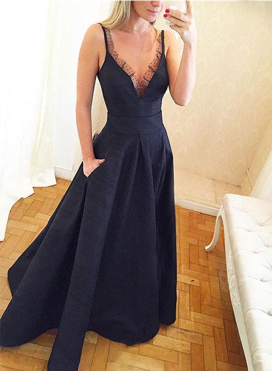 Unique Black Vneck Long Prom Dress With Pockets Long Formal Dress on